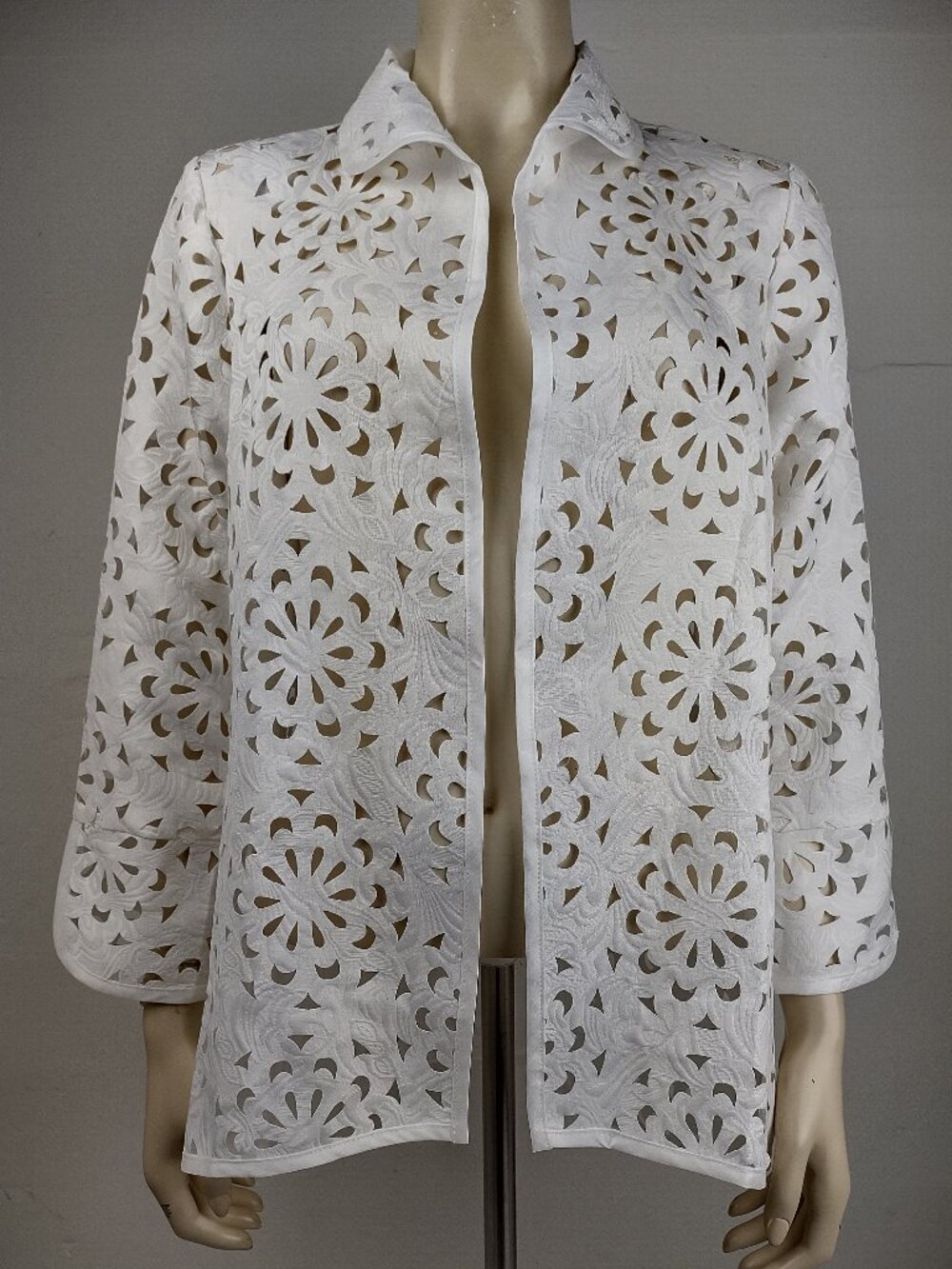 Grace Chuang white laser cut sheer open front blazer jacket blouse ladies Small